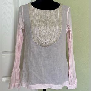 Tory Burch Gold Beaded Bib Front Cotton Blouse Long Sleeve Pale Pink
